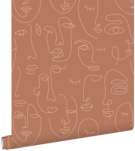 ESTAhome Tapete Line Art Gesichter Terrakotta - 53 cm x 10.05 m - 139375