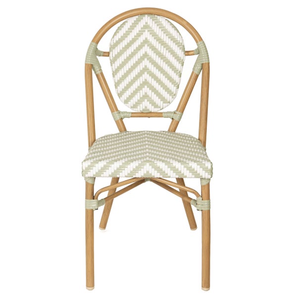 Bistrostuhl mit Gestell in Holzoptik und Geflecht mit Zickzack-Muster für Garten und Terrasse.