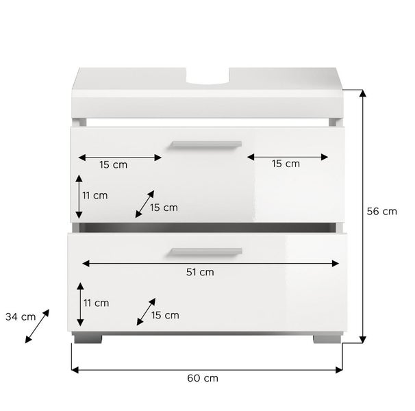 Weißer Waschbeckenunterschrank mit zwei Schubladen und Maßangaben in Zentimetern. Breite 60 Zentimeter, Höhe 56 Zentimeter.