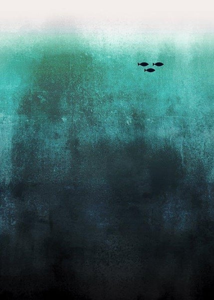 Moderne Wanddekoration mit abstraktem Unterwassermotiv, drei kleinen Fischsilhouetten und strukturierter Oberfläche in Blau- und Türkistönen.