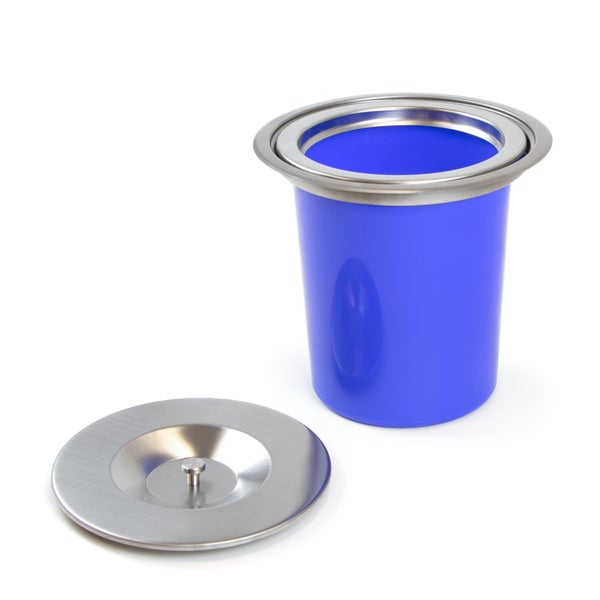 Einbaumülleimer mit blauem Kunststoffeimer, Edelstahlrand und Edelstahldeckel für die Arbeitsplatte.