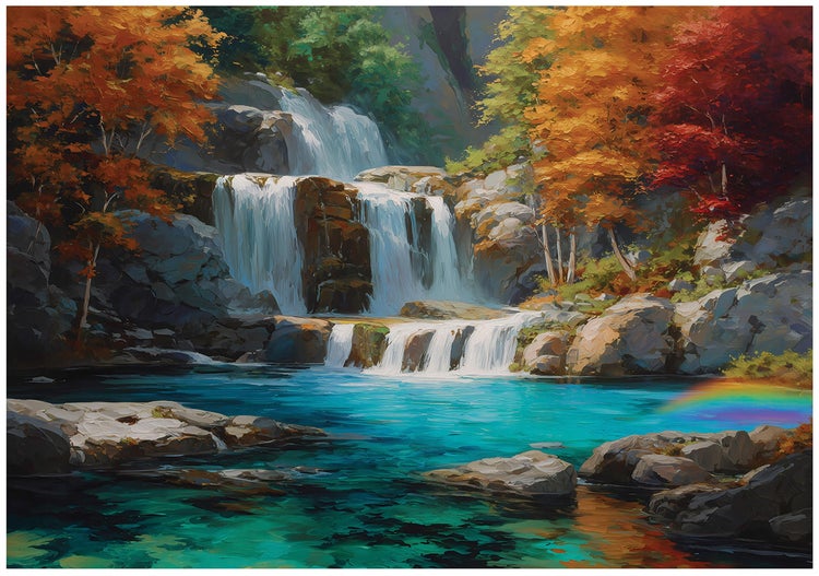 Wandbild mit einem Wasserfall in einer herbstlichen Waldlandschaft mit Felsen und einem kleinen Regenbogen über dem klaren Wasserbecken.