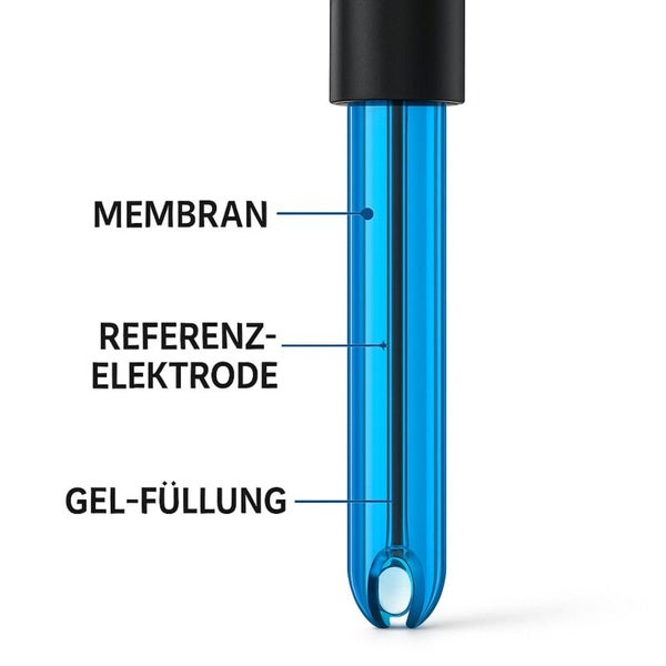 Nahaufnahme einer pH-Elektrode mit Membran, Referenzelektrode und Gelfüllung