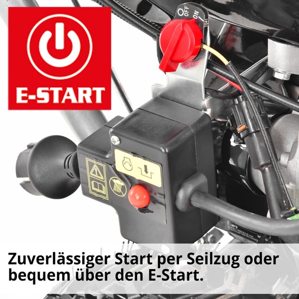 Detailaufnahme des E-Start Systems und des Schalters einer Schneefräse