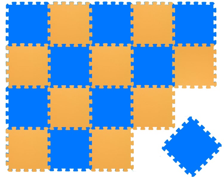 Quadratische Puzzle-Bodenmatten aus Schaumstoff mit verzahnten Kanten für flexible Verlegung.