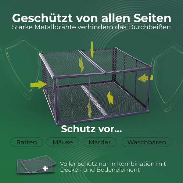 Metallgitter-Gehege mit starkem Drahtgeflecht zum Schutz vor Ratten, Mäusen, Mardern und Waschbären von allen Seiten.