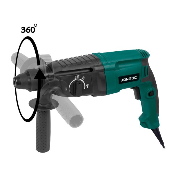 Vonroc Bohrhammer mit um 360 Grad verstellbarem Zusatzhandgriff.