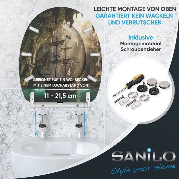 Sanilo WC Sitz mit Piratenschiff Motiv inklusive Montagematerial und Schraubendreher für eine einfache Montage von oben.