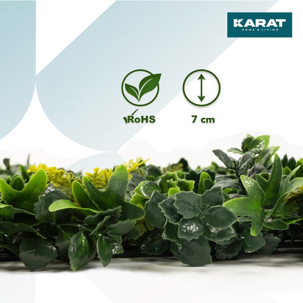 Künstliche Hecke mit verschiedenen Blattformen, Karat Home & Living Logo, RoHS-konform Symbol und einer Höhe von 7 Zentimetern.