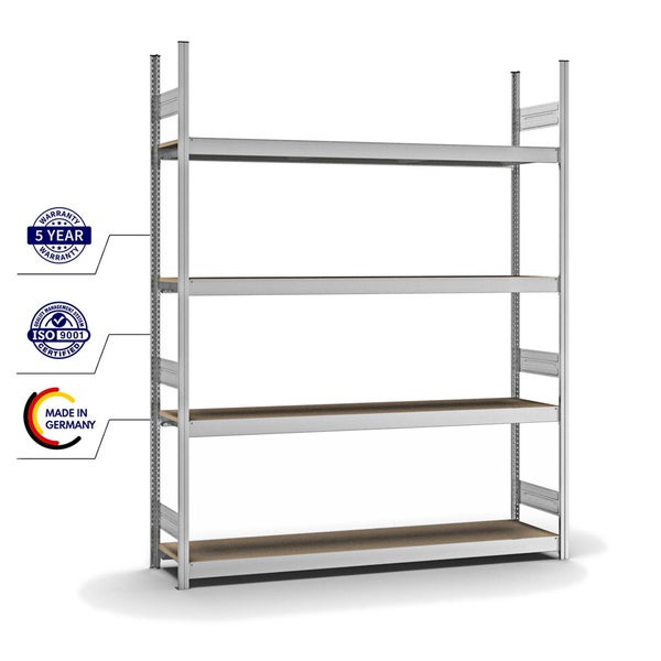 PROREGAL Weitspannregal Stecksystem T-Profil Grundregal HxBxT 250x200x40 cm 4 Ebenen Spanplatten Fachboden Fachlast 350 kg Verzinkt