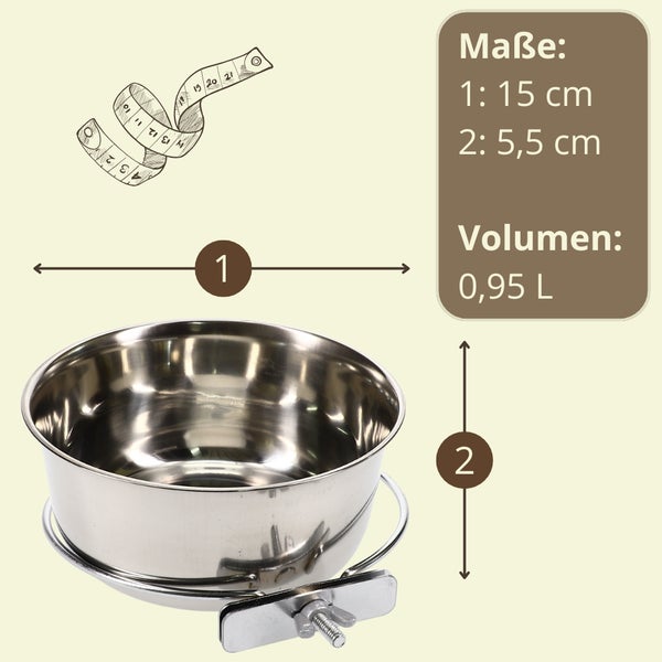 Edelstahlnapf mit Halterung, Maße und Volumenangaben