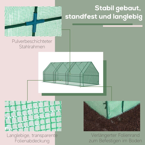 Outsunny Mini Gewächshaus, mit 3 Rollfenster, 270 x 90 x 90 cm, PE Folie,Stahl, Grün