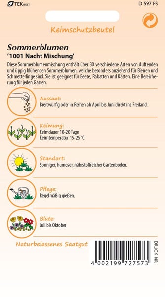 Sommerblumensamen '1001 Nacht Mischung' im Keimschutzbeutel mit Informationen zu Aussaat, Keimung, Standort, Pflege und Blütezeit