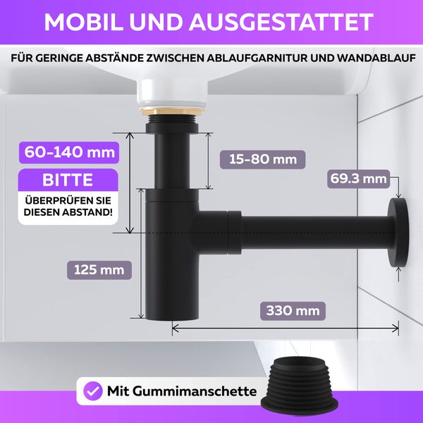 Ablaufgarnitur mit Gummianschluss und Massangaben
