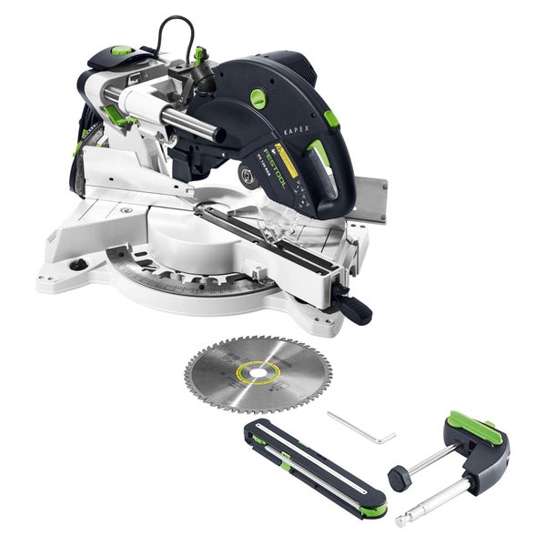 Festool Kappsäge Kapex KS 120 REB inklusive Sägeblatt, Winkelschmiege, Werkstückklemme und Innensechskantschlüssel.