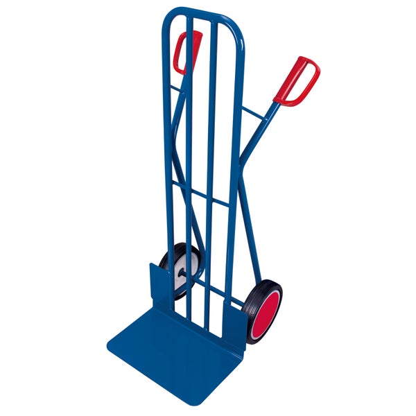 Blaue Sackkarre mit rotem Griff