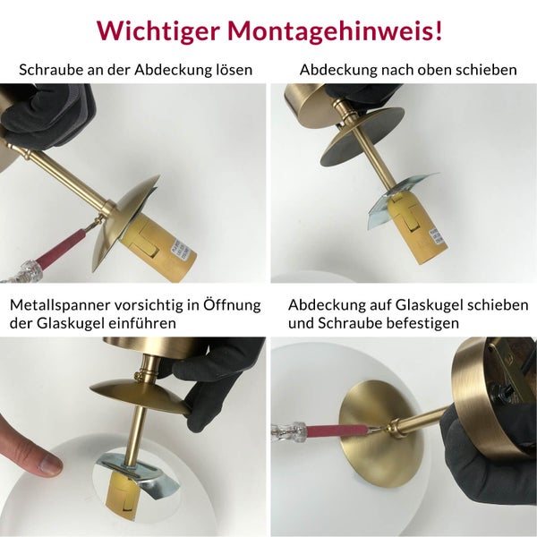 Montagehinweise für eine Lampe mit Schrauben und Abdeckung