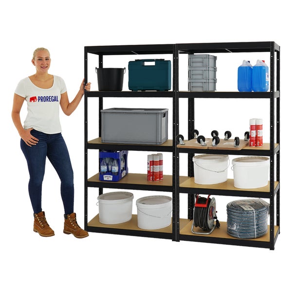 PROREGAL Mega Deal 2x Schwerlastregal Slim Elephant S HxBxT 180 x 90 x 45 cm 5 Ebenen Fachlast 350 kg Schwarz