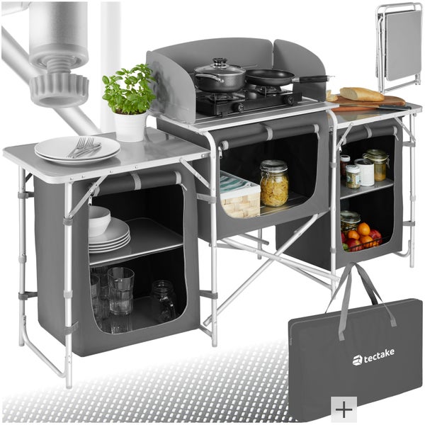 Campingküche XXL mit 5 Fächern tectake  172 x 52 x 104 cm faltbar grau