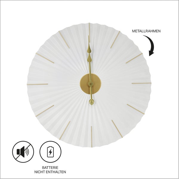 Runde Wanduhr in plissierter Optik mit Metallrahmen, lautlosem Uhrwerk, ohne Batterie.