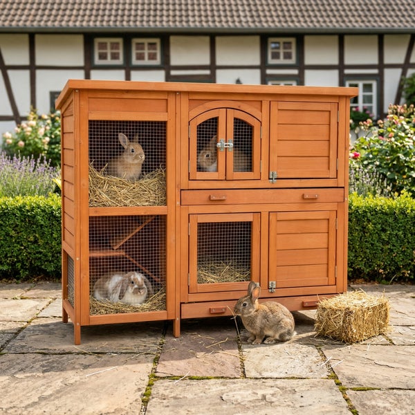 Zweistöckiger Kaninchenstall aus Holz mit mehreren Türen und Drahtgitter, bewohnt von drei Kaninchen im Garten auf Steinplatten.