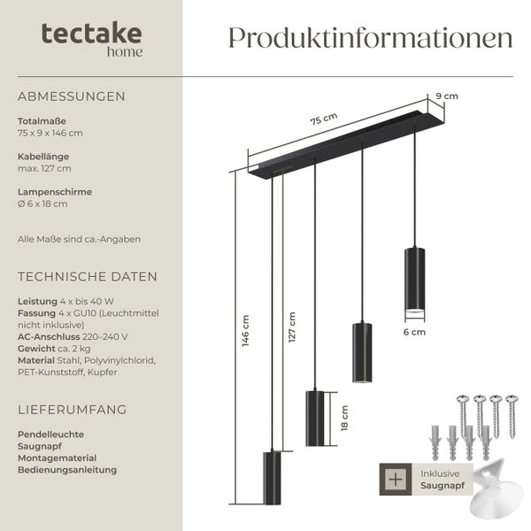 Produktinformationen zu einer Hängeleuchte von tectake home mit Abmessungen, technischen Daten und Lieferumfang