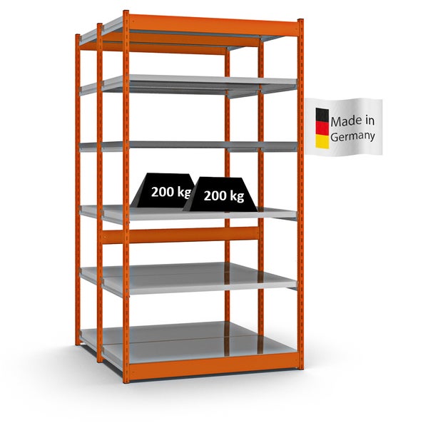 PROREGAL Fachbodenregal Stecksystem Vierkant-Profil Grundregal HxBxT 250 x 132,5 x 60 cm 2x6 Ebenen Doppelseitige Bauart Fachlast 200 kg Orange