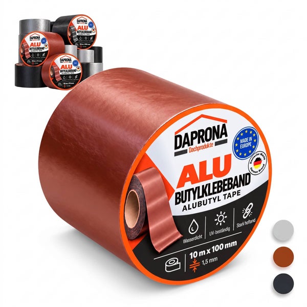 Daprona Aluminium Butylklebeband Rolle für Dichtungsarbeiten am Dach inklusive Produktinformationen und Markenlogo