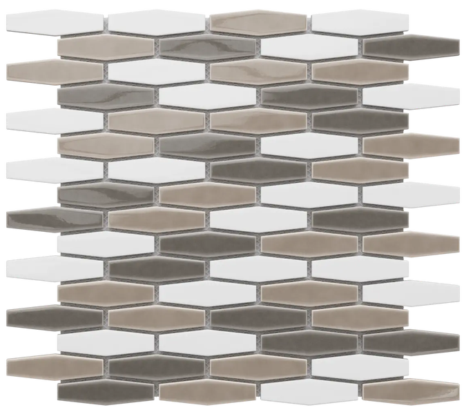 Keramik-Mosaikfliese mit länglichen Sechsecken und glänzender Oberfläche.