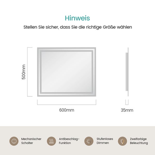 EMKE Badspiegel mit Beleuchtung 60 x 50 cm, LED-Spiegel mit Kippschalter, Anti-Beschlag, Kaltweiß/Warmweiß