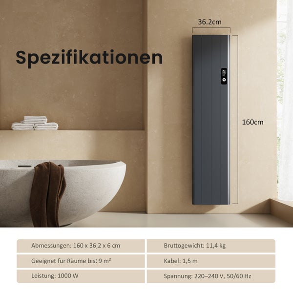 Abbildung eines Heizkörpers mit Spezifikationen im Badezimmer