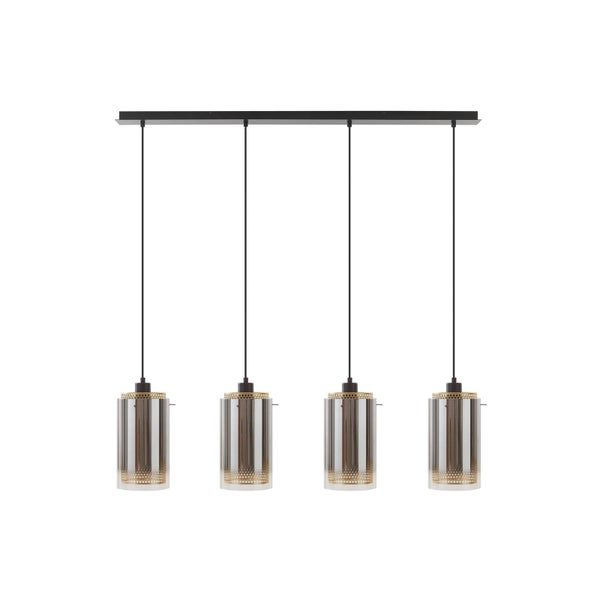 4-flammige Hängeleuchte mit schwarzen Kabeln und zylindrischen Schirmen aus Glas und perforiertem Metall.