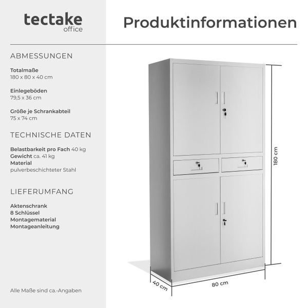 Büroschrank aus Stahl mit zwei Türen und zwei Schubladen