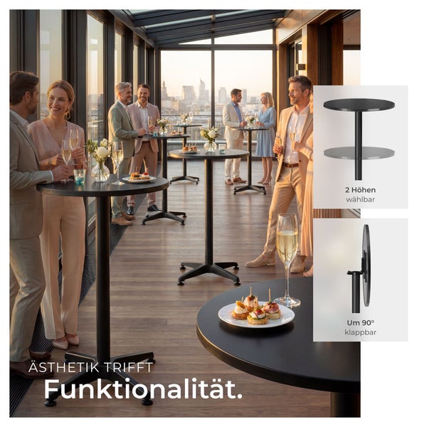 Schwarzer Stehtisch in modernem Ambiente, in zwei Höhen verstellbar und Tischplatte um 90 Grad klappbar.