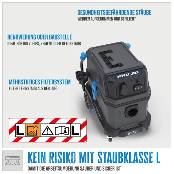 Grauer Staubsauger der Staubklasse L für Renovierungen oder Baustellen zum Aufnehmen und Filtern gesundheitsgefährdender Stäube.