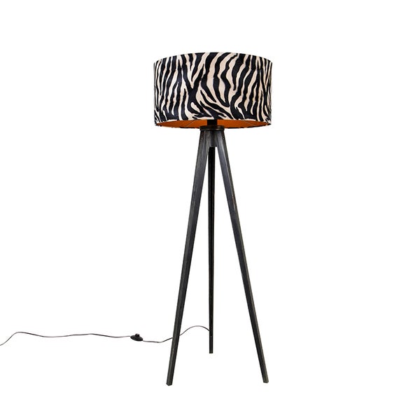 QAZQA - Modern Stehlampe Stativ schwarz mit Schirm Zebra 50 cm - Tripod I Dreifuß Lampe I Dreifuss Classic I Wohnzimmer I Schlafzimmer - Holz Rund - LED geeignet E27