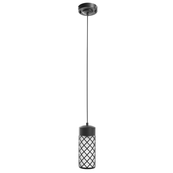 Moderne Pendelleuchte mit zylindrischem Schirm und dekorativem Gitterelement für Innenräume