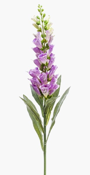Künstlicher Fingerhut mit lila und weißen Blüten sowie grünen Blättern.