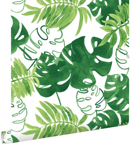 ESTAhome Tapete gemalte, tropische Dschungelblätter Dschungelgrün - 53 cm x 10,05 m - 138887