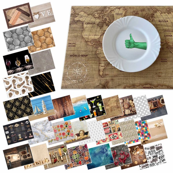 Verschiedene Tischsets mit vielfältigen Motiven wie Weltkarten, Holzoptik, Steinmustern, Naturmotiven und modernen Designs.