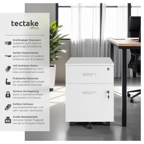 Rollcontainer tectake Vagur 40 x 44 x 54,5 cm mit 2 Schubladen für Dokumente im A4 Format weiß