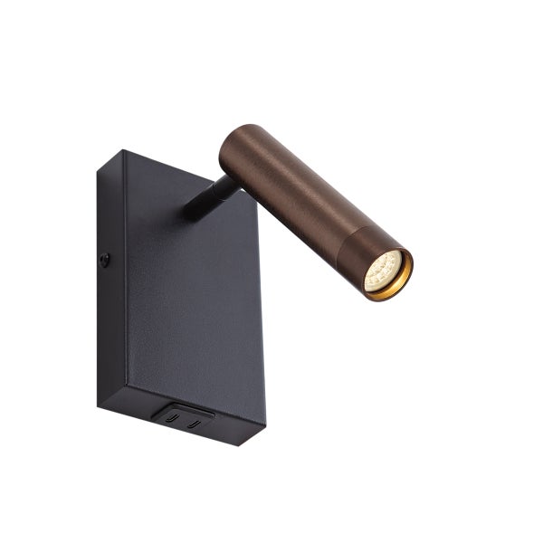 Moderne LED-Wandleuchte mit schwarzem Gehäuse, bronzefarbenem Strahler und zwei USB-C-Anschlüssen.