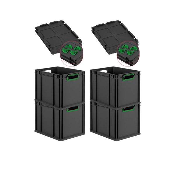 PROREGAL SuperSparSet 4x Eurobox NextGen Color mit Auflagedeckel und Schiebeschnappverschlüsse, HxBxT 32x30x40cm, 30 Liter, Schwarz, Griffe grün offen, Eurobehälter, Transportbox, Transportbehälter, Stapelbehälter