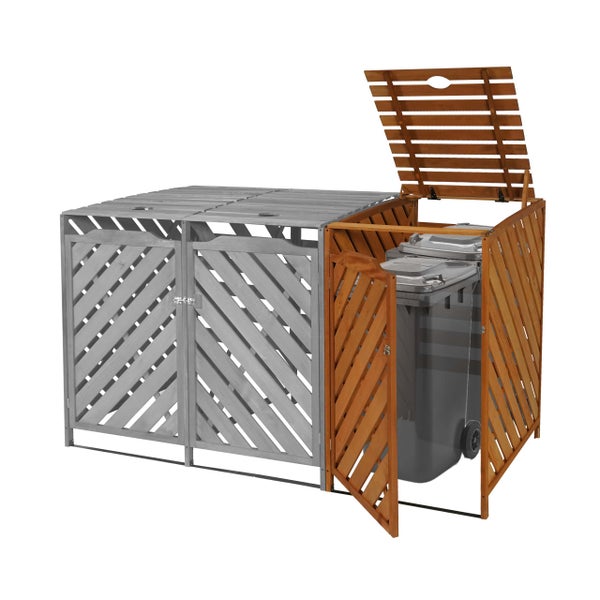 Mülltonnenbox für drei Mülltonnen aus Holz mit Lattenmuster und geöffnetem Deckel