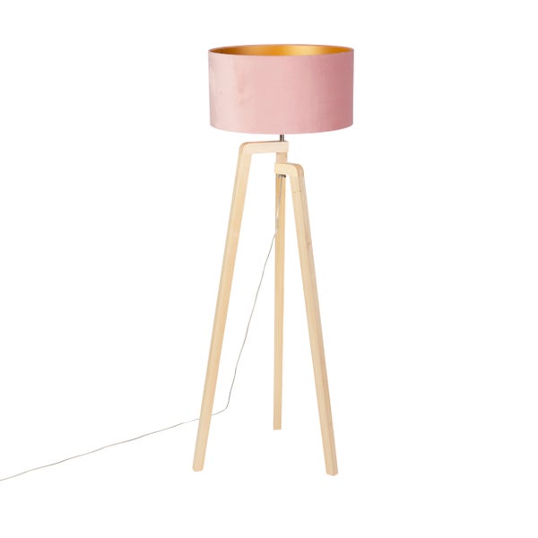 QAZQA - Modern Stehleuchte I Stehlampe I Standleuchte I Lampe I Leuchte Stativ Holz mit rosa Veloursschirm 50 cm - Puros I Wohnzimmer I Schlafzimmer - Rund - LED geeignet E27