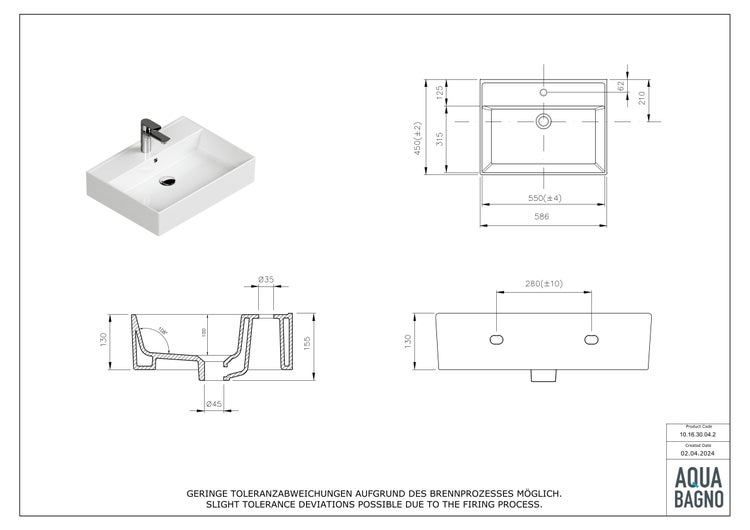 Aqua Bagno Basic Plan Waschbecken 10.16.30.04.2 – 60 x 45 cm – Weiß Hochglanz – Keramikbecken mit Hahnloch & Überlauf