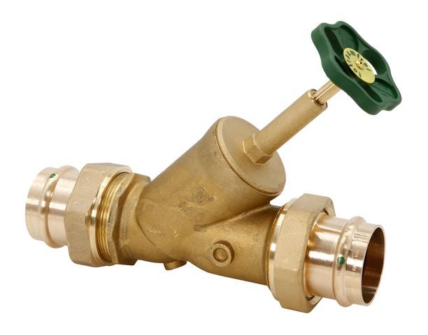 KFR-Ventil aus Messing mit Pressanschlüssen und grünem Handrad.
