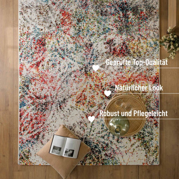 Abstrakter bunter Teppich mit gesprenkeltem Muster auf Holzboden, natürlicher Look, robust, pflegeleicht und von geprüfter Top Qualität.
