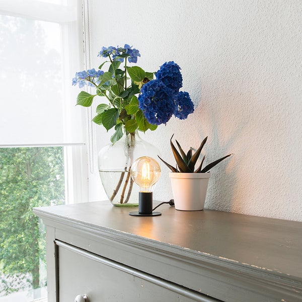 Kleine schwarze Tischleuchte mit einer großen leuchtenden LED Filament Glühbirne auf einer grauen Kommode neben blauen Hortensien.