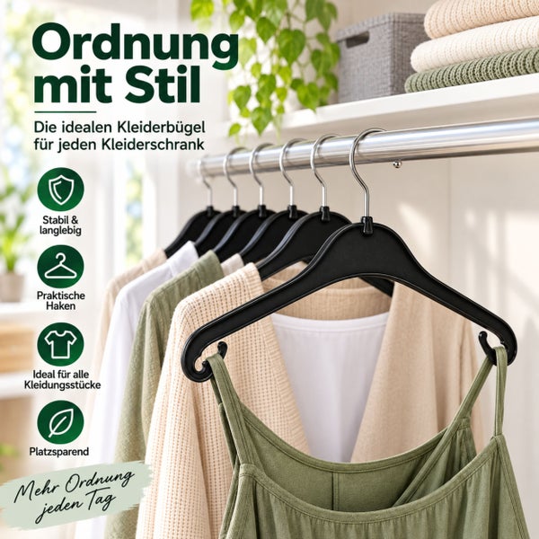 Mehrere schwarze Kleiderbügel mit Haken an einer Kleiderstange im Schrank mit Symbolen für Stabilität, Funktionalität und Platzersparnis.